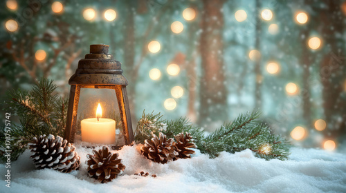 Snowy Christmas scene with a candle lit Lantern in the snow with pine cones and fir branches set against a forest background with Bokeh lights Christmas card image xmas wallpaper background