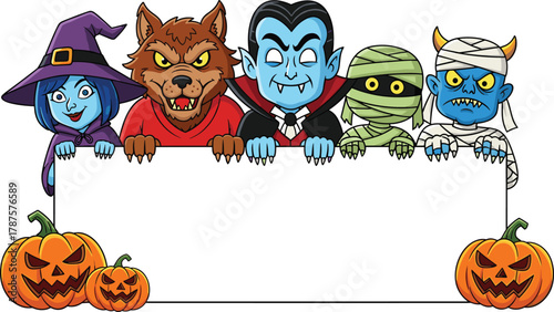 Cartoon Halloween characters with blank sign, jack-o'-lanterns, witch, vampire, mummy, werewolf, monster vector clipart for festive design