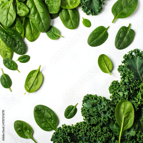 Fresh assortment of leafy greens including spinach and kale arranged on a white background