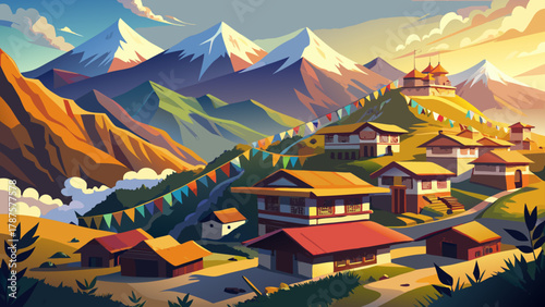 A small village nestled on a high Himalayan slope, stone cottages with prayer flags fluttering, snow-capped peaks in the background, mist rising from the valley, crisp mountain air, warm golden sunlig