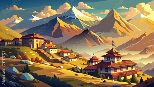 A small village nestled on a high Himalayan slope, stone cottages with prayer flags fluttering, snow-capped peaks in the background, mist rising from the valley, crisp mountain air, warm golden sunlig