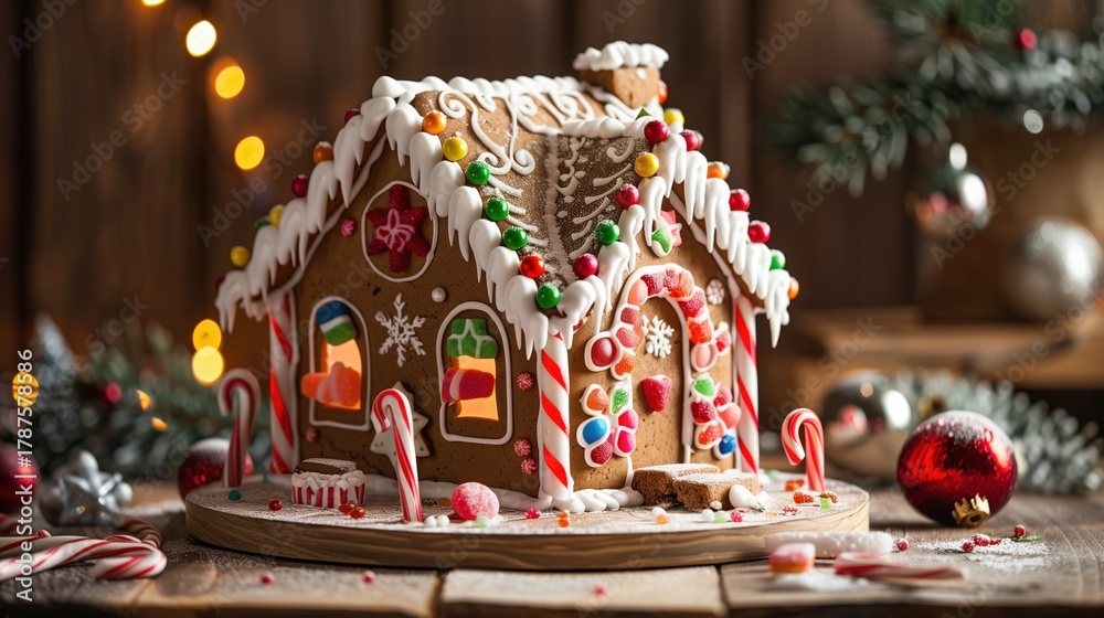Fototapeta premium Elaborate gingerbread house, intricate white royal icing details, colorful candy decorations, gumdrop roof tiles, candy cane columns, peppermint swirls, shot on wooden rustic table,