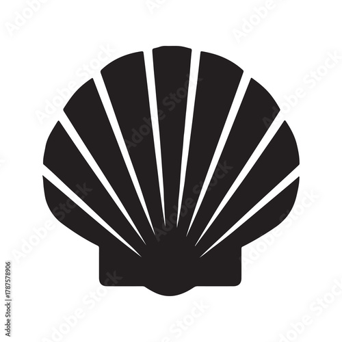 Stylized black silhouette of a scallop shell with radiating lines on a white background
