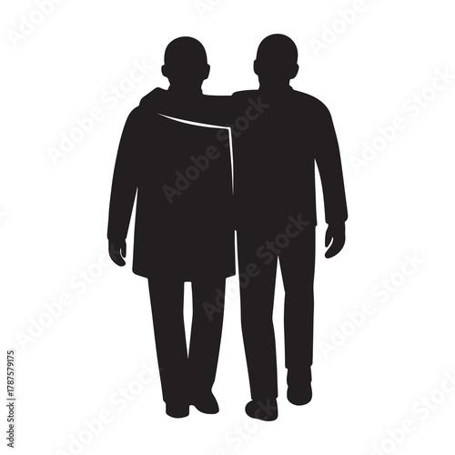 Two friends walking together arm in arm in silhouette against a white background representing companionship and support
