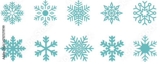 Blue snowflake icon set with geometric winter crystal patterns, elegant frozen ice flake designs for Christmas, holiday decoration, seasonal graphic, and cold weather illustration.