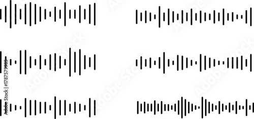 Abstract audio waveform patterns display clean rhythmic bars. Minimalist sound wave symbols create a modern technical aesthetic. Ideal for music, podcast, and digital media design uses.
