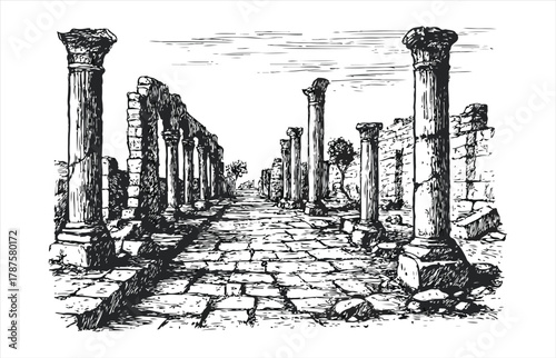 Ancient roman stone paved avenue lined with weathered crumbling columns and ruins under a dramatic sky