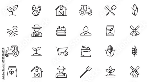 Agriculture icon set collection in outline style, suitable for web and print design
