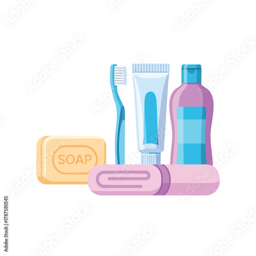 Dental hygiene set: blue toothbrush and toothpaste tube object on white plastic background