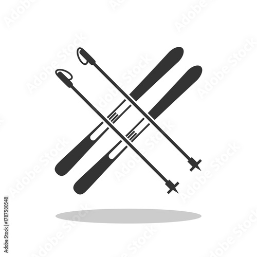 Mountain skis and ski poles icon with shadow