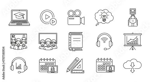 Modern online education and business icons representing learning, video, communication, and digital concepts for professional applications
