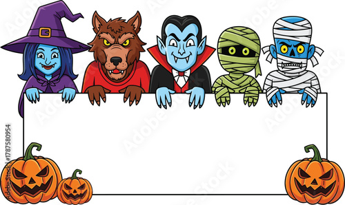 Cartoon Halloween monsters with blank sign, witch, vampire, mummy, werewolf, pumpkins, festive vector clipart for spooky seasonal design