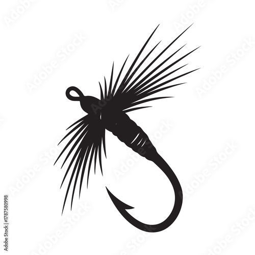Silhouette of a delicate artificial fly fishing lure with feathered wings and a sharp hook on a white background