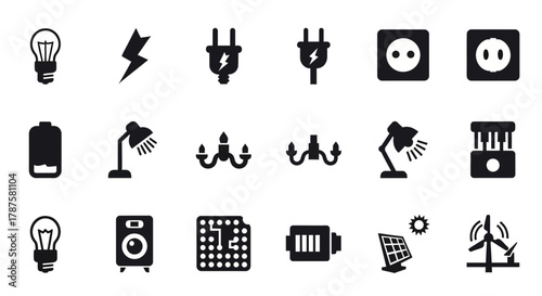 Essential energy icons representing power, electricity, and sustainable resources for modern design projects, perfect for commercial use