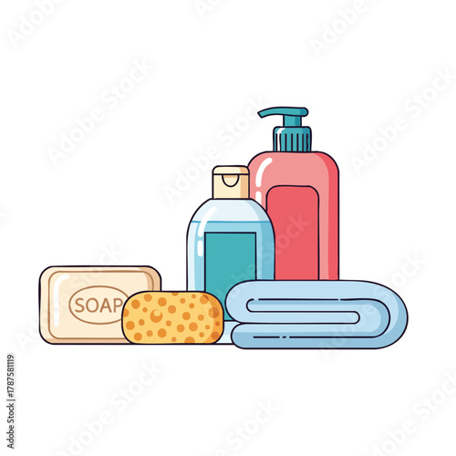 Set of isolated medicine bottles and plastic containers with pills, liquid, cream, and cosmetic care products on a white background