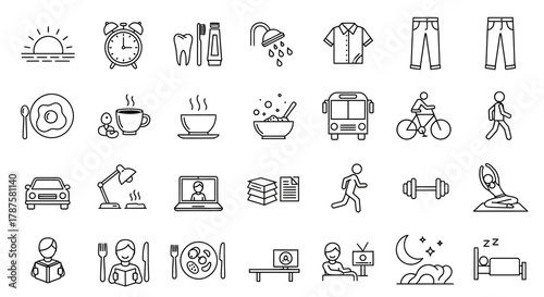 Daily routine icons representing everyday activities like waking up, work, exercise, eating, commuting, and relaxing for lifestyle concepts
