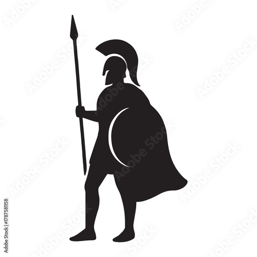 Silhouette of a spartan warrior holding a spear and shield ready for ancient battle