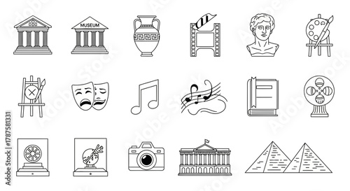 Explore culture through iconic symbols perfect for educational materials and travel brochures, from museums to music, art, and historical landmarks
