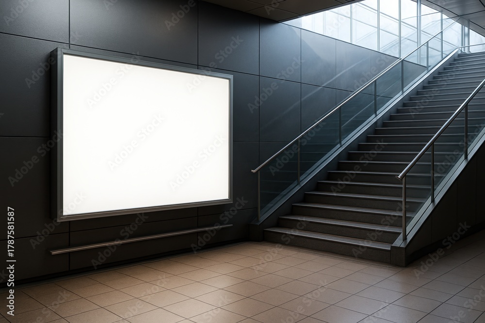 Obraz premium Modern urban metro station interior with illuminated blank billboard, glass railings, and ascending staircase under natural light, showcasing sleek contemporary architecture and minimalistic design.