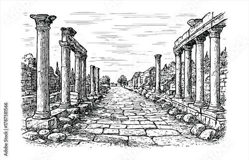 Ancient roman stone paved road lined with crumbling columns and ruins of historical buildings