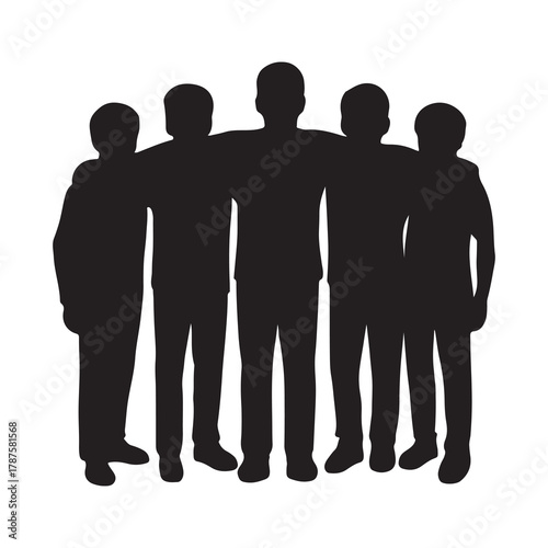 Silhouette of a diverse group of friends standing together with arms around each other in unity and support