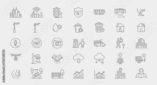 Modern city icons showcasing smart technology sustainable living and urban development for innovative projects and digital presentations