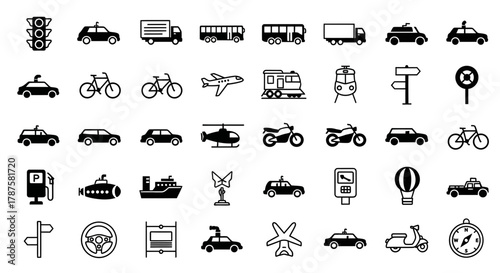 Dynamic collection of modern transportation icons, including cars, trucks, buses, bicycles, planes, trains, motorcycles, and marine vessels for diverse design projects
