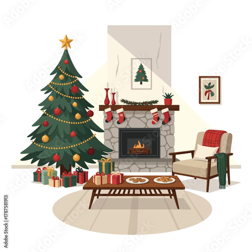 Cozy Christmas living room with a decorated tree, fireplace, gifts, and armchair.