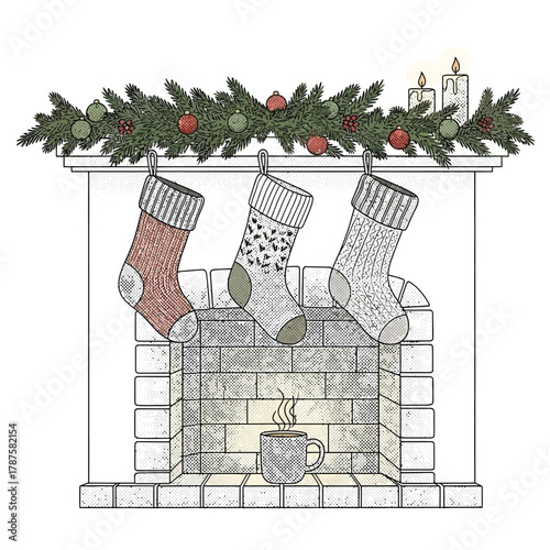 Cozy Christmas fireplace with hanging stockings, festive garland, lit candles, and a warm drink mug inside.