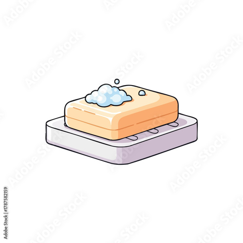 Adobe Illustrator Artwork2D detailed illustration of a bar of soap on a small soap dish, with a bit of foam on top