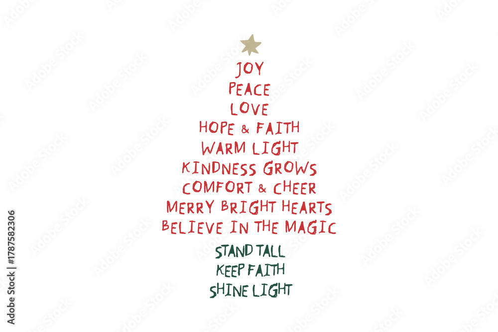 Obraz premium Christmas tree made of words with holiday wishes and positive affirmations (Joy, Peace, Love) SVG T Shirt Design