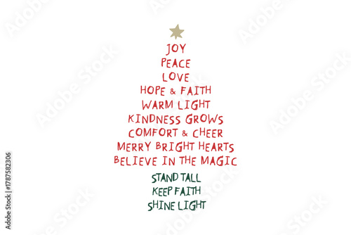 Christmas tree made of words with holiday wishes and positive affirmations  (Joy, Peace, Love) SVG T Shirt Design
