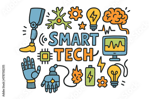 Smart Tech Doodle. Smart prosthetics. Hand-drawn doodle illustration of smart prosthetics. Robotic leg, hand,
