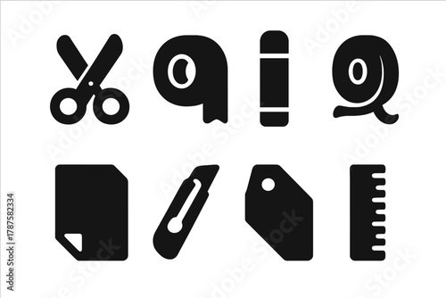 Wrapping Tools Icons. Wrapping Tools. Filled icon set of Wrapping Tools: scissors, tape, glue stick, ribbon