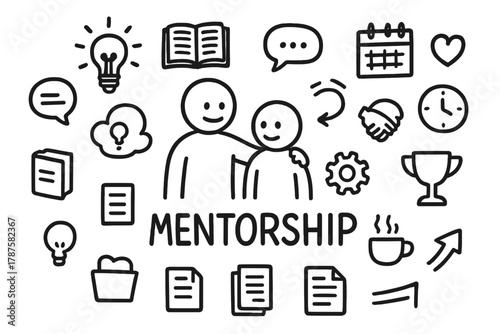 Mentorship Doodle Art. Mentorship. Hand-drawn doodle illustration of Mentorship. In the middle, one slightly
