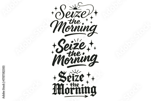Seize the Morning. Seize the Morning. Create a calligraphy lettering illustration of the phrase: Seize the