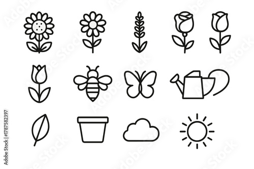 Summer Garden Icons. Summer floral garden. Line outline icon set of summer floral garden: sunflower, daisy,