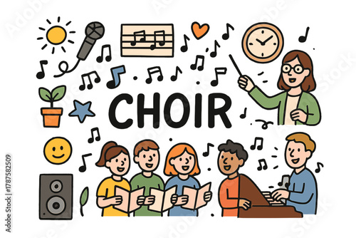 Playful Choir Practice. Choir practice. Hand-drawn doodle illustration of choir practice. Students singing,