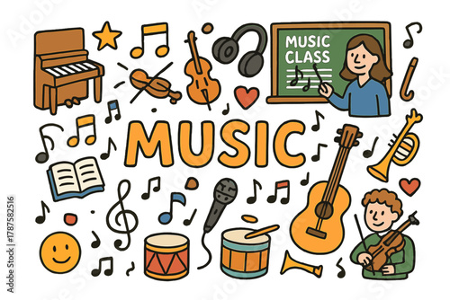 Music Class Doodle. Music class. Hand-drawn doodle illustration of a music class. Piano, guitar, violin, music