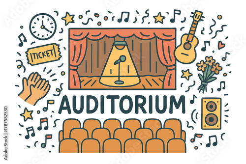 Vibrant School Auditorium. School auditorium. Hand-drawn doodle illustration of a school auditorium. Stage,