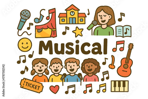 School Musical Doodle. Singing for musical productions in schools. Hand-drawn doodle illustration of singing