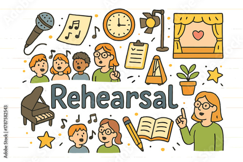 Rehearsal Doodle Ensemble. Rehearsal time. Hand-drawn doodle illustration of rehearsal time. Microphone, notes