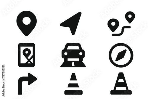 Navigation Icon Set. Navigation. Filled icon set of Navigation: map pin, GPS arrow, smartphone map, route line