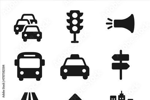 City Traffic Icons. City Traffic Jam. Filled icon set of City Traffic Jam: cars in line, traffic light,