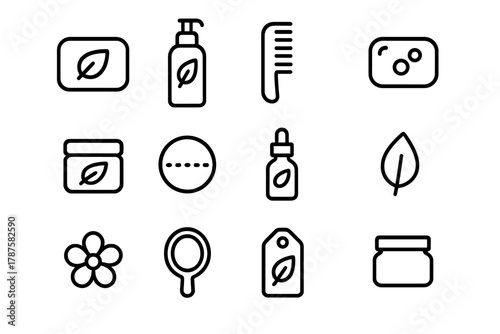 Eco Beauty Icons. Eco beauty products. Line outline icon set of eco beauty products: shampoo bar, conditioner