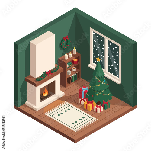 Cozy isometric living room decorated for Christmas with a fireplace, Christmas tree, and gifts.