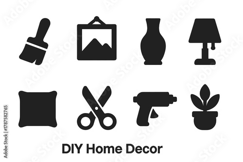 DIY Decor Icon Set. DIY Home Decor. Filled icon set of DIY Home Decor: paintbrush, wall frame, vase, lamp,