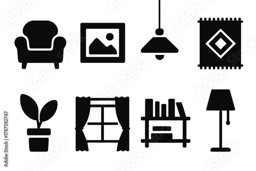 Interior Design Icons. Interior Design Inspiration. Filled icon set of Interior Design Inspiration: armchair,