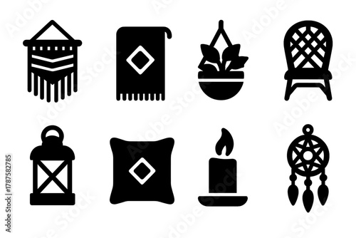 Boho Decor Icons. Boho Style Decor. Filled icon set of Boho Style Decor: macrame, rug, hanging plant, wicker