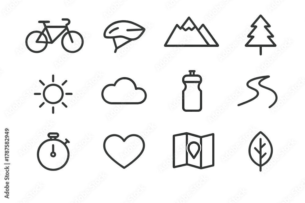 Fototapeta premium Cycling Icon Set. Cycling in nature. Line outline icon set of cycling in nature: bicycle, helmet, mountain,